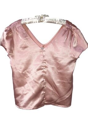IVIVI Luxe Pink Stretch Satin Button Down Blouse Short Sleeve Work Career S NWT